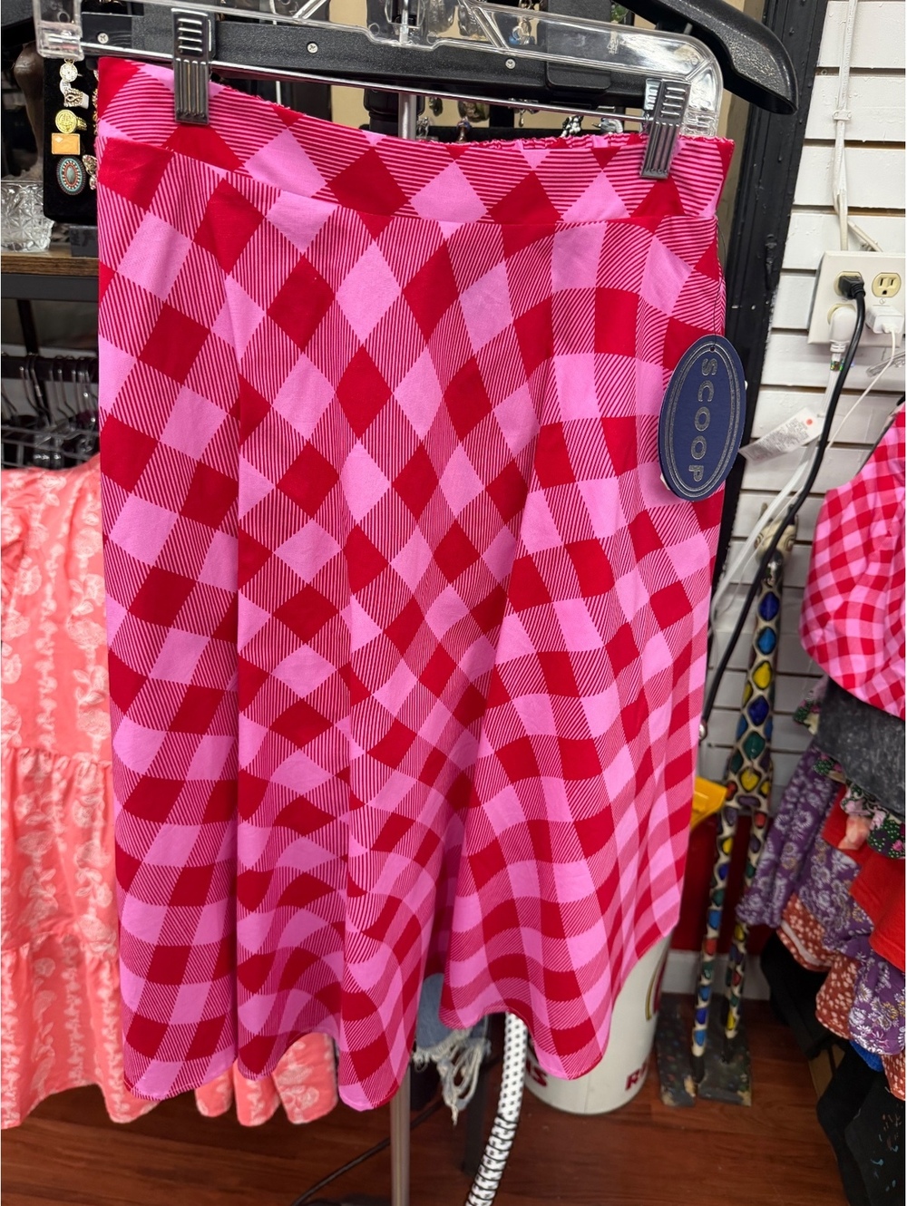 Scoop Pink Red Gingham Check Midi Skirt Size Small NWT
